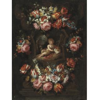 Bartolomé Pérez - Cartouche With Tulips, Roses And Other Flowers And Saint John The Baptist