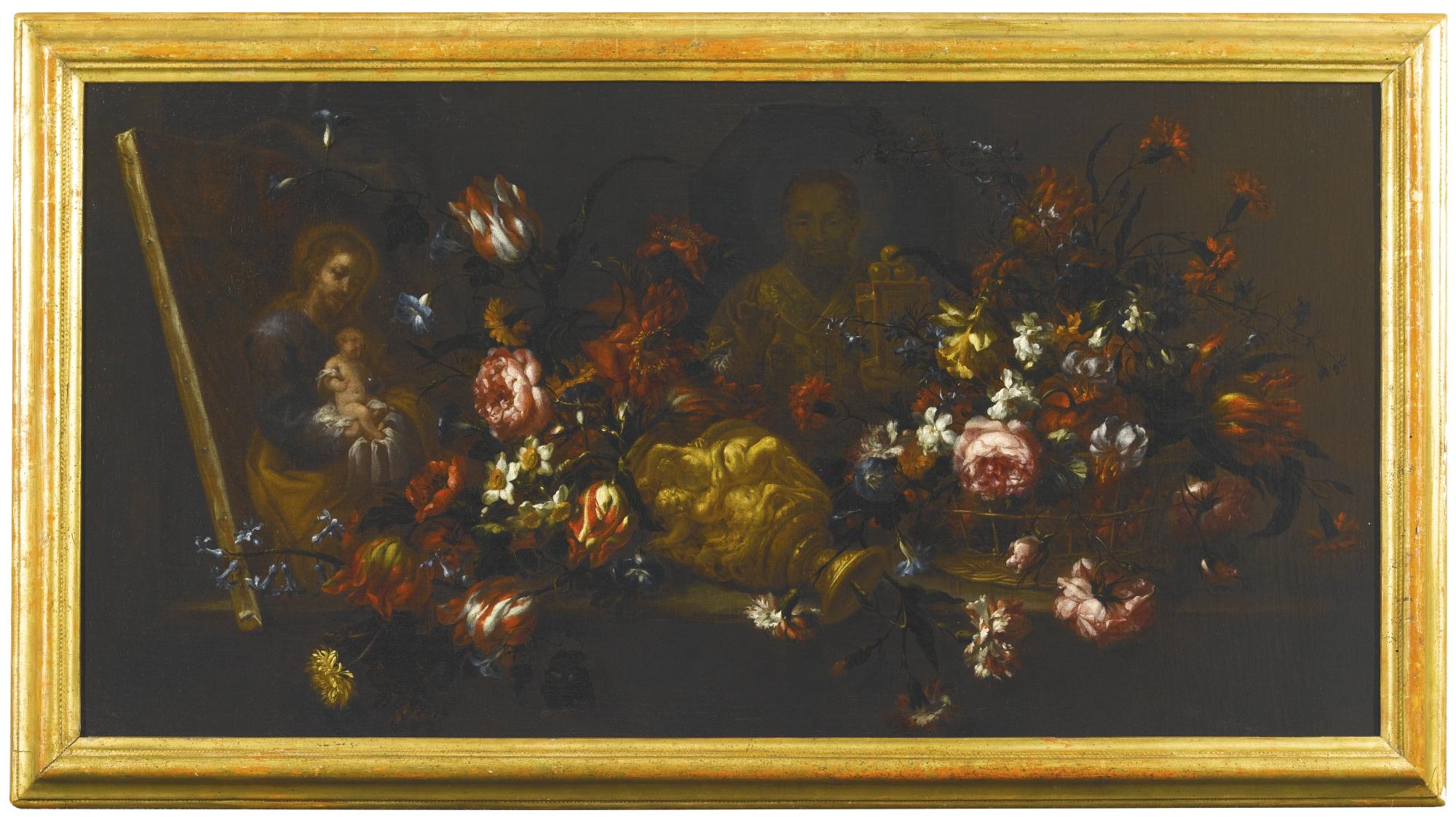 Bartolomé Pérez - Still Life Of An Upturned Vase Of Flowers, With A Canvas Painting Showing Saint Joseph Holding The Christ Child, And Another Showing Saint Nicolas Of Bari