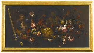 Bartolomé Pérez - Still Life Of An Upturned Vase Of Flowers, With A Canvas Painting Showing Saint Joseph Holding The Christ Child, And Another Showing Saint Nicolas Of Bari