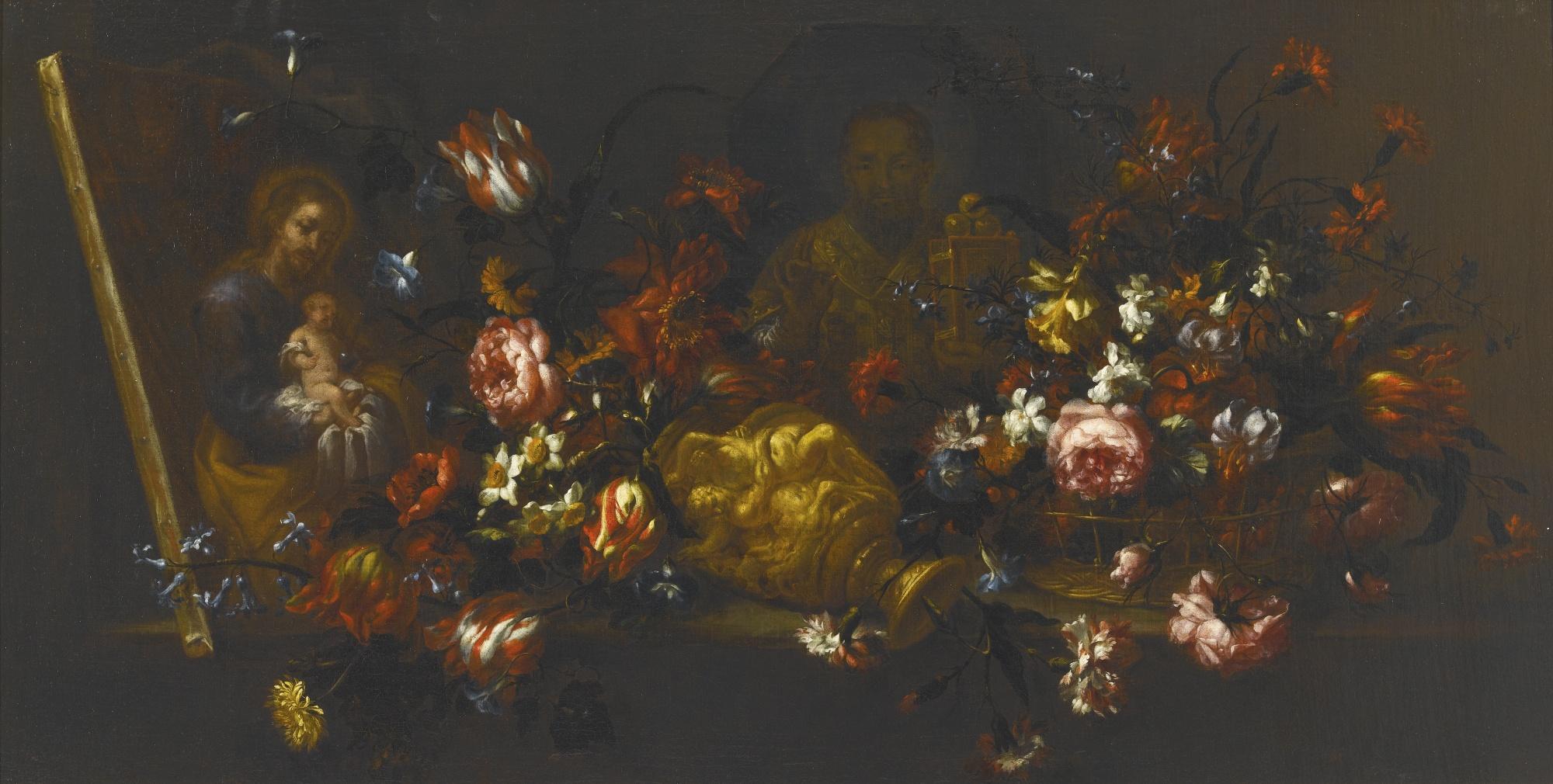 Bartolomé Pérez - Still Life Of An Upturned Vase Of Flowers, With A Canvas Painting Showing Saint Joseph Holding The Christ Child, And Another Showing Saint Nicolas Of Bari