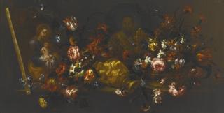 Bartolomé Pérez - Still Life Of An Upturned Vase Of Flowers, With A Canvas Painting Showing Saint Joseph Holding The Christ Child, And Another Showing Saint Nicolas Of Bari