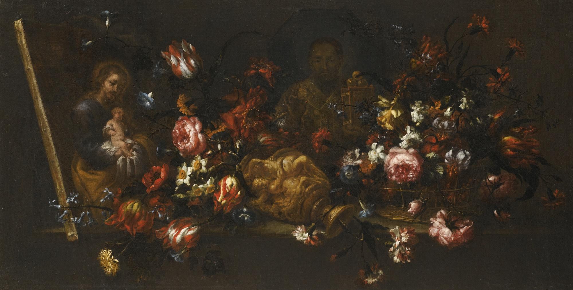 Bartolomé Pérez - Still Life Of An Upturned Vase Of Flowers, With A Canvas Painting Showing Saint Joseph Holding The Christ Child, And Another Showing Saint Nicolas Of Bari