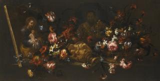 Bartolomé Pérez - Still Life Of An Upturned Vase Of Flowers, With A Canvas Painting Showing Saint Joseph Holding The Christ Child, And Another Showing Saint Nicolas Of Bari