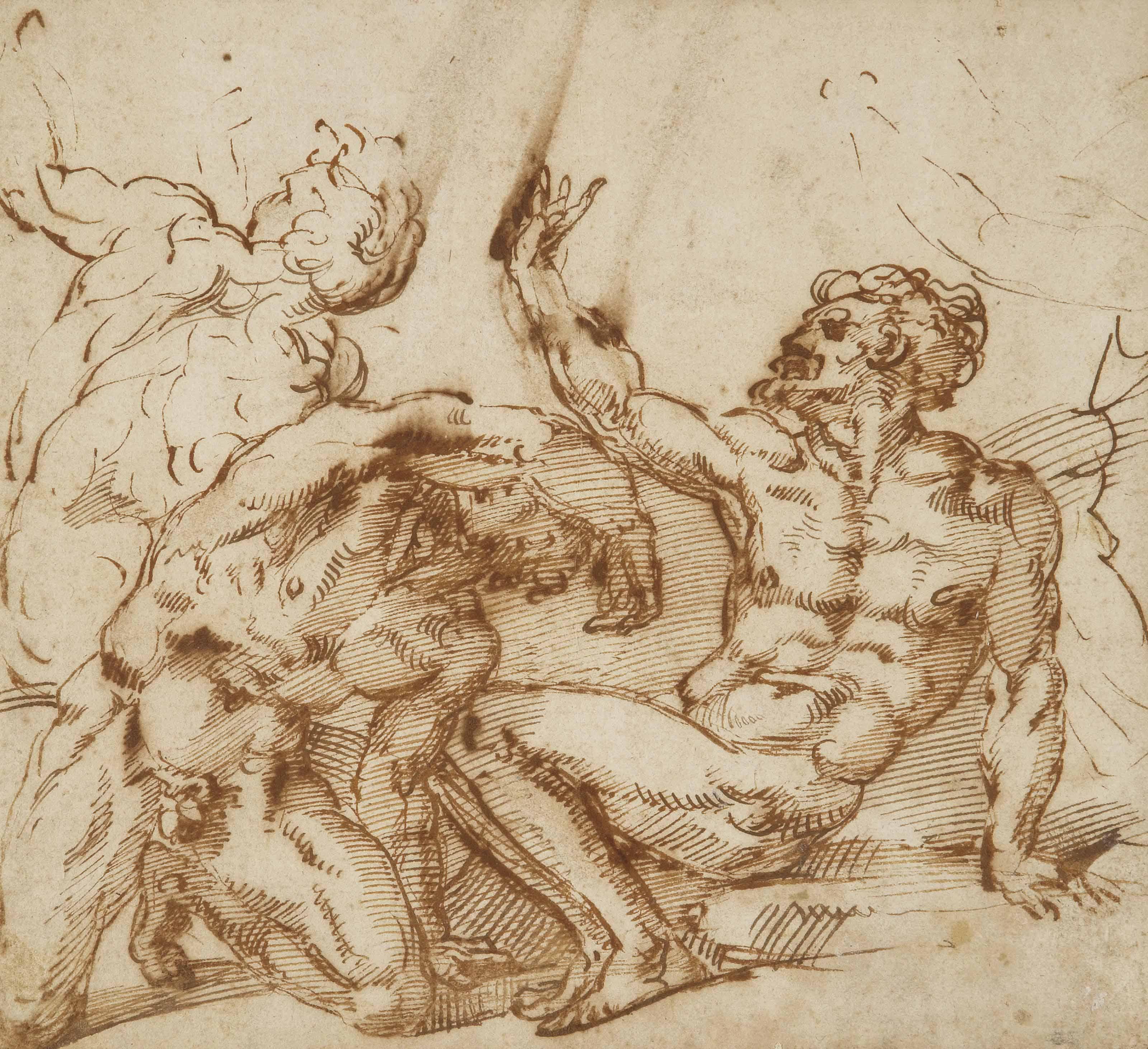 Bartolomeo Bandinelli - Trois figures d\'hommes nus, agenouillés et assis, levant les bras