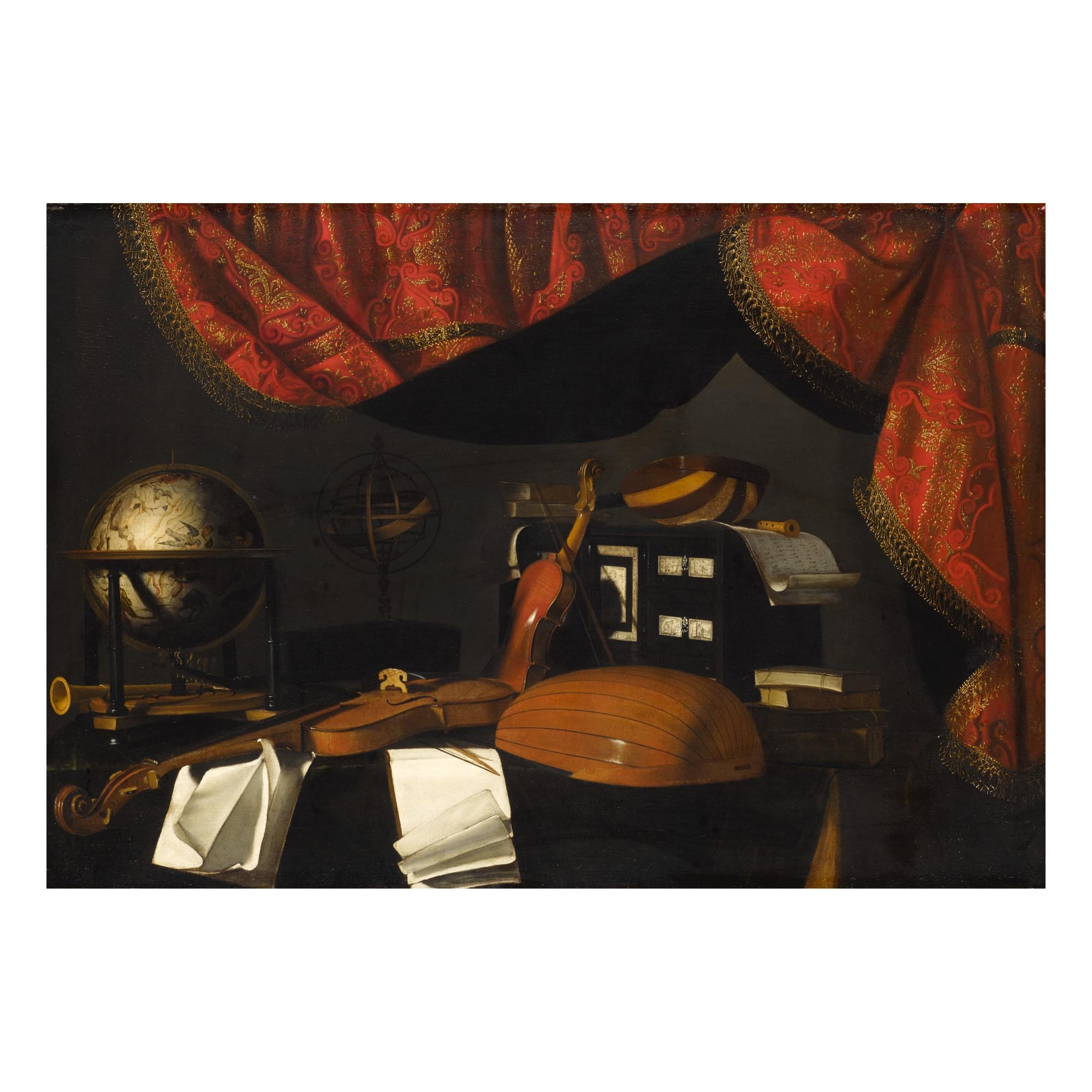 Bartolomeo Bettera - A still life with musical instruments and a globe on a table, a curtain behind