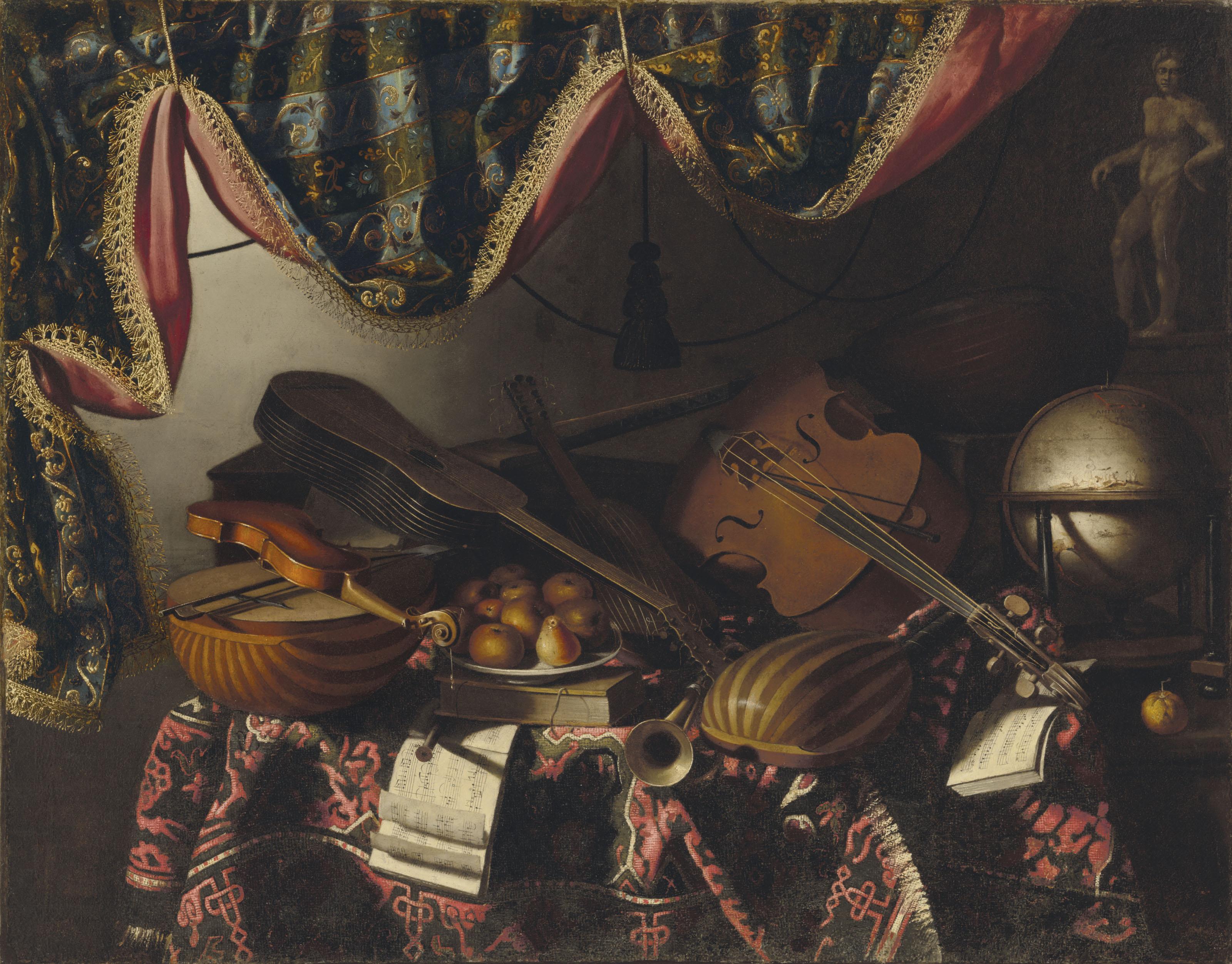 Bartolomeo Bettera - Musical Instruments, Sheet Music, Apples And Pears On A Pewter Platter, A Book, A Globe And A Sculpture On A Table Draped With A Carpet