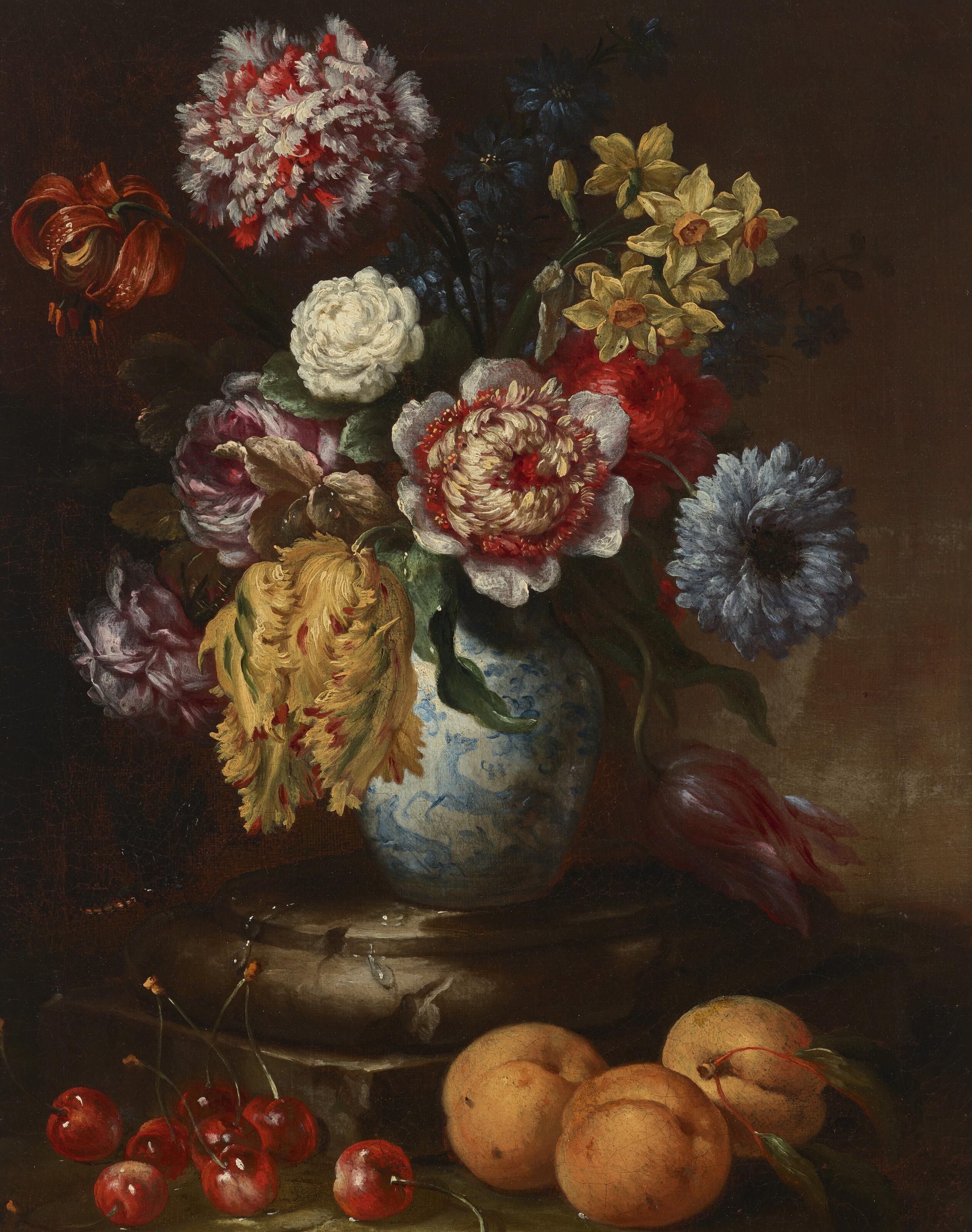 Bartolomeo Bimbi - Flowers in a Chinese vase on a pedestal with cherries, apricots and a dragonfly