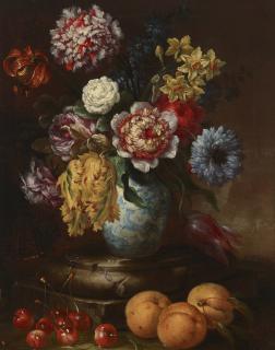 Bartolomeo Bimbi - Flowers in a Chinese vase on a pedestal with cherries, apricots and a dragonfly