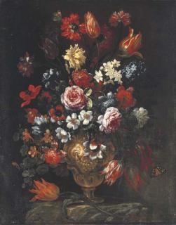 Bartolomeo Bimbi - Tulips, roses, poppies, chrysanthemums, hyacinths and other flowers with butterflies in a sculpted vase on a ledge