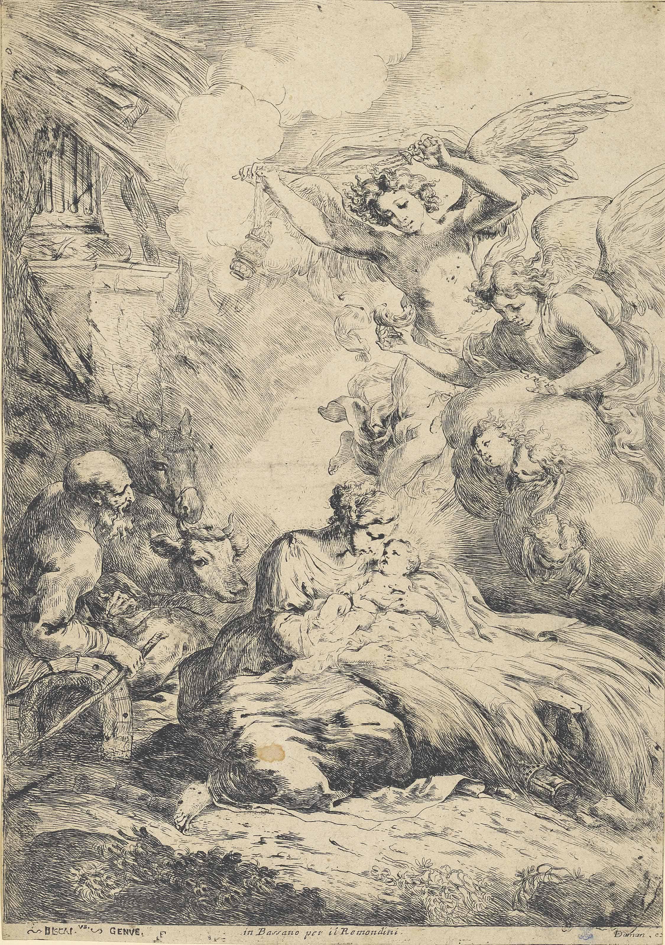 Bartolomeo Biscaino - The Nativity With Angels (Bartsch 7)