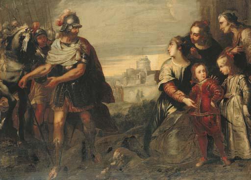 Bartolomeo Biscaino - Volumnia with her sons before Coriolanus, the Castel Sant\'Angelo beyond