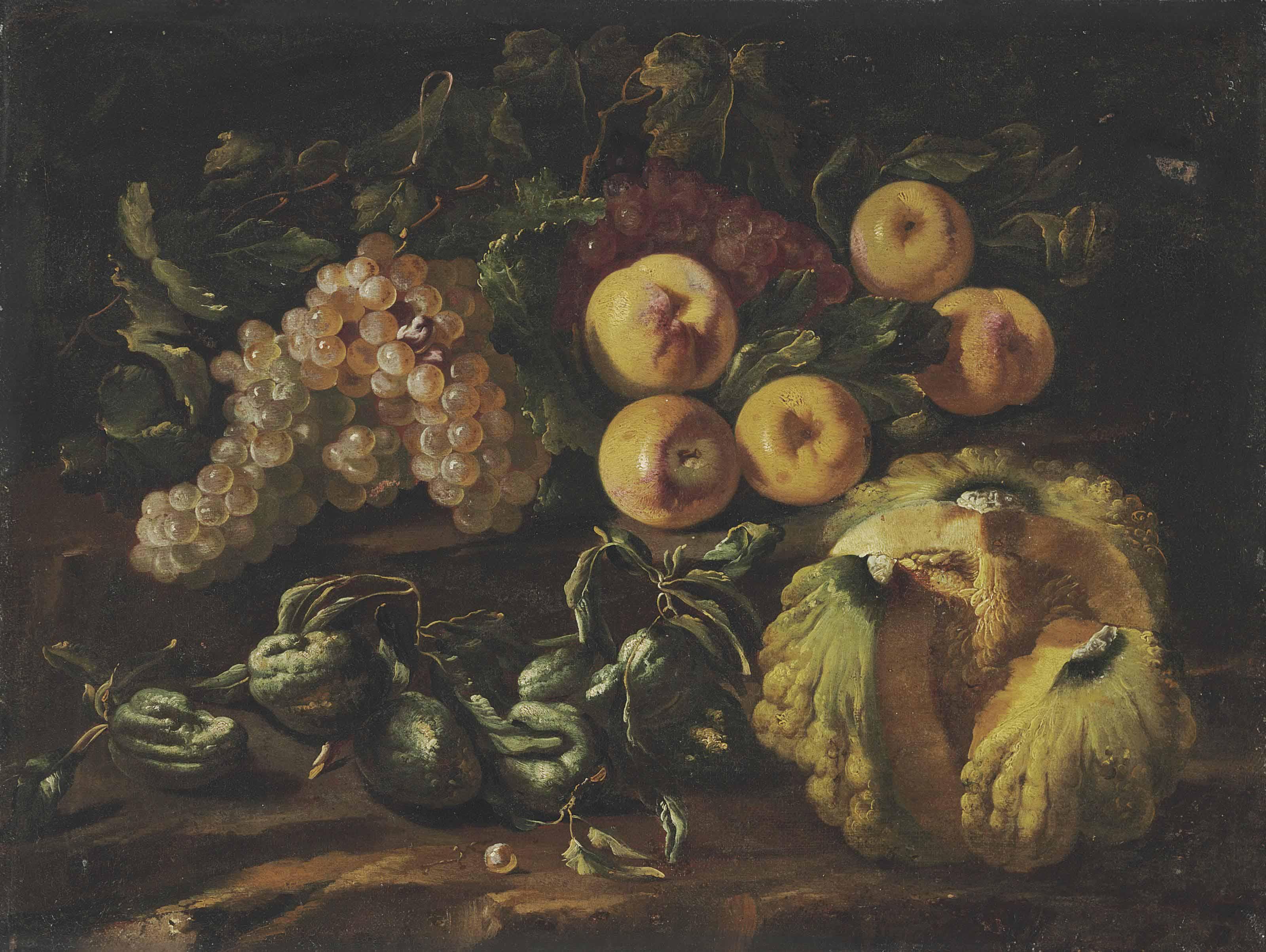 Bartolomeo Castelli I - Grapes, Apples, A Melon And Other Fruit On A Stone Ledge