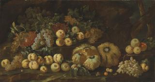 Bartolomeo Castelli I - Melons, apples, grapes and other fruit scattered on a rocky ledge