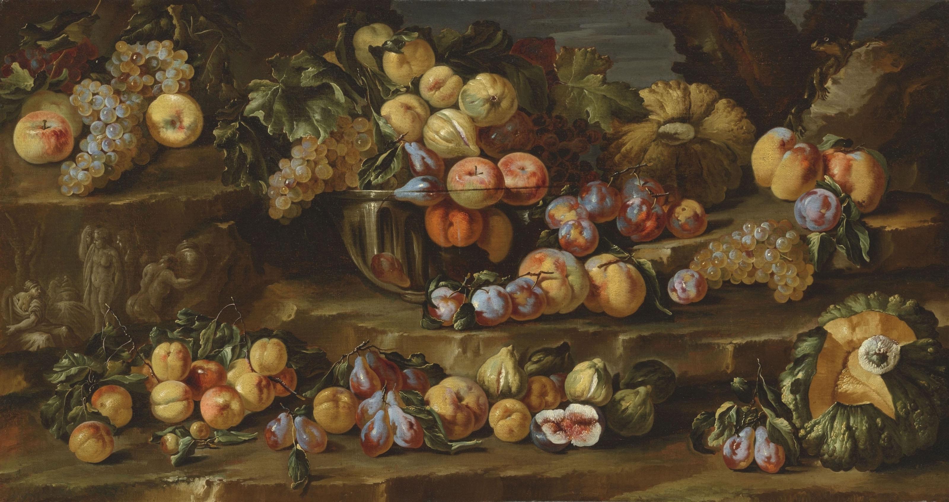 Bartolomeo Castelli I - Plums, grapes, apples and other fruit in a glass bowl and scattered on a ledge, with a fragment of classical sculpture