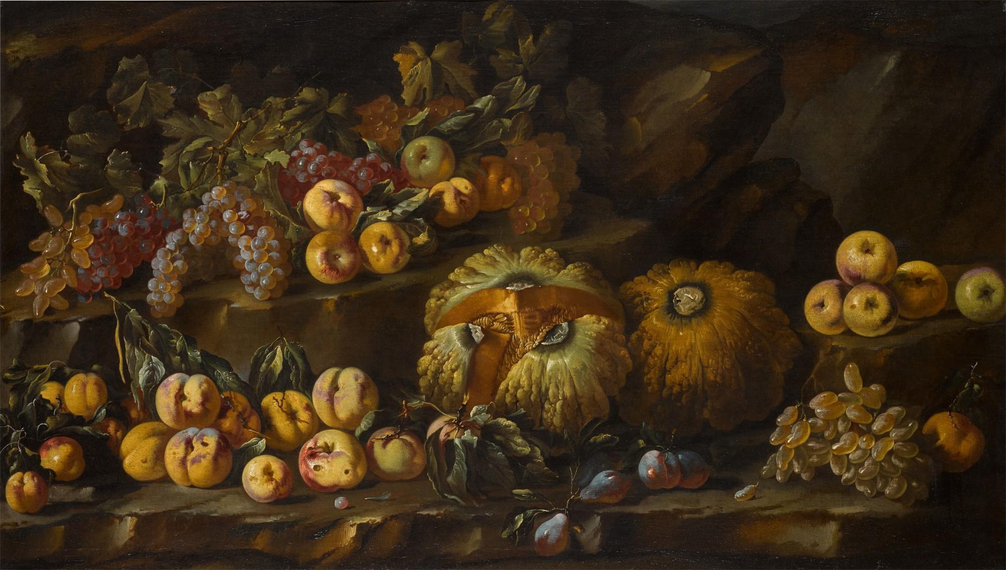 Bartolomeo Castelli il Vecchio - Still life with squashes, peaches, apples, grapes and plums on stone ledges