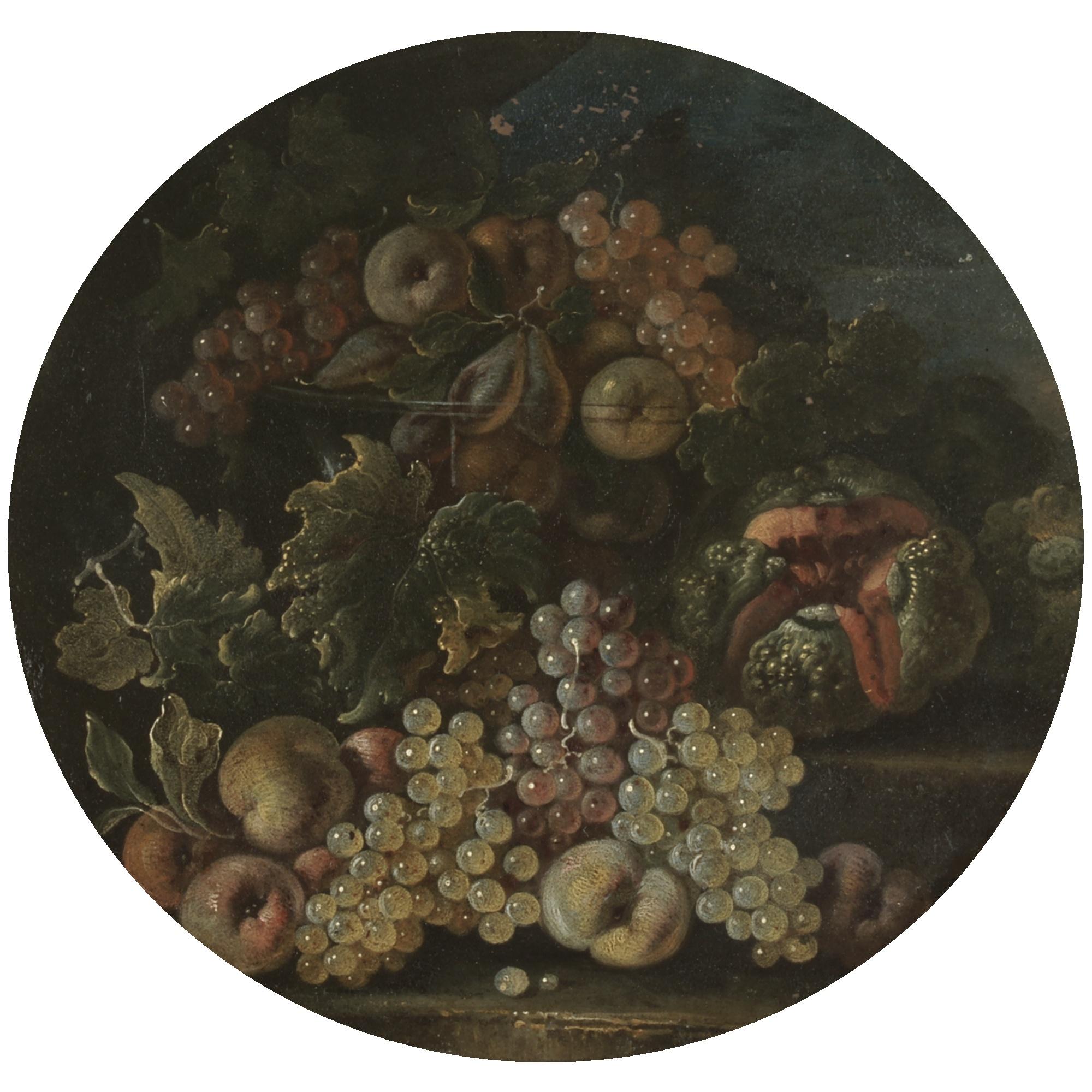 Bartolomeo Castelli The Younger - A Still Life With Pears, Apples And Grapes In A Glass Bowl On A Ledge, Beside A Melon And Apples