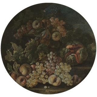 Bartolomeo Castelli The Younger - A Still Life With Pears, Apples And Grapes In A Glass Bowl On A Ledge, Beside A Melon And Apples