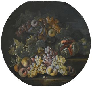 Bartolomeo Castelli The Younger - Still Life Of Grapes, Apples, Pears, A Watermelon And Peaches, In A Glass Bowl And Strewn Over Stone Steps