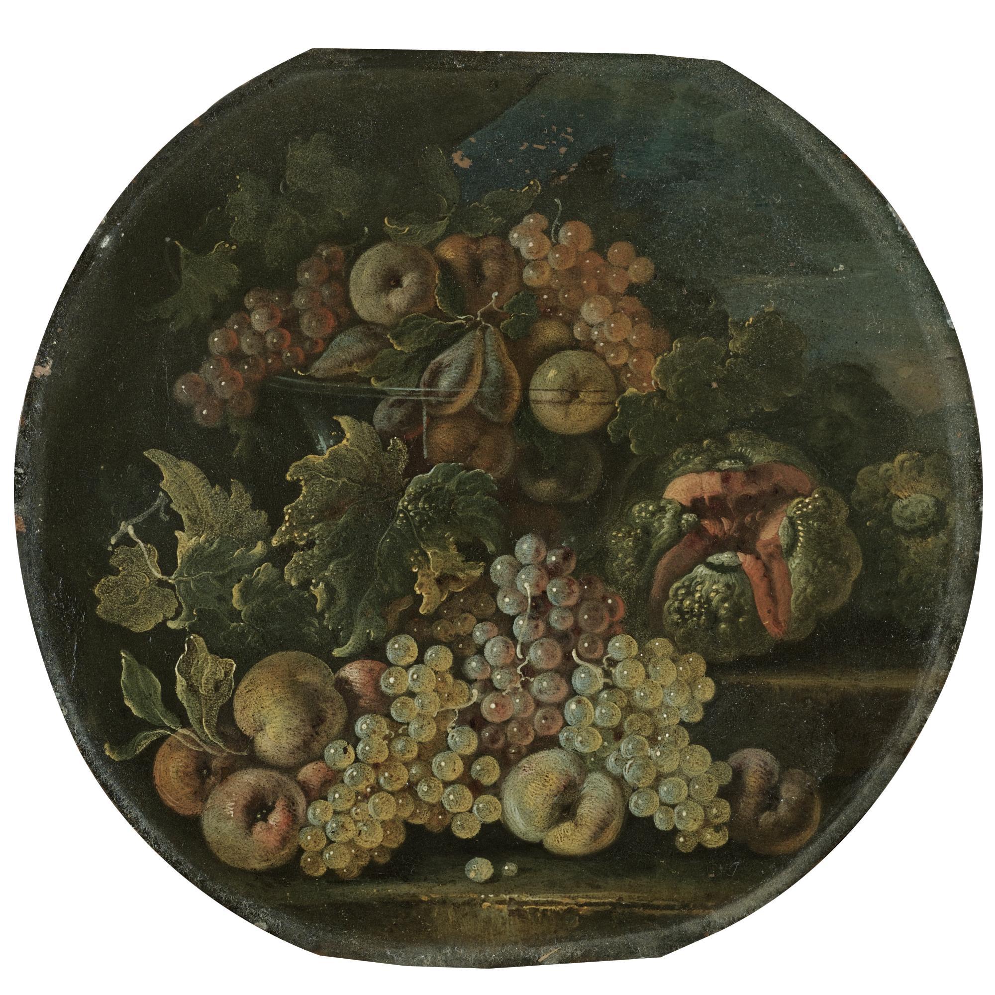 Bartolomeo Castelli The Younger - Still Life With Grapes, Apples, A Watermelon And Other Fruits Aranged Over Some Stone Steps