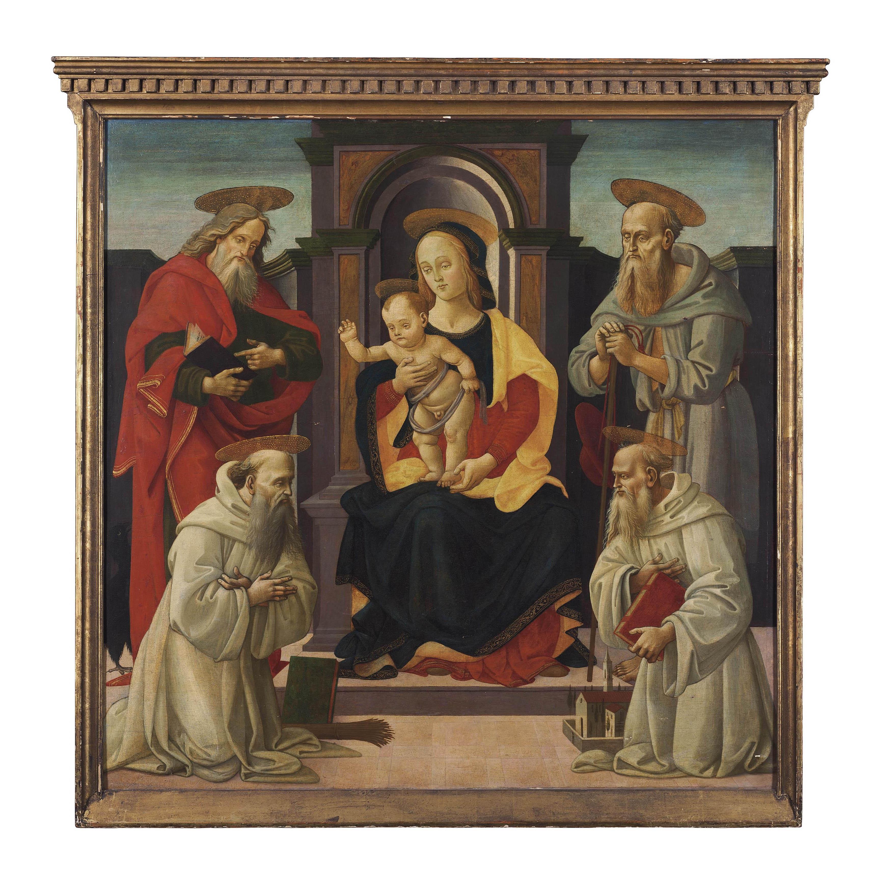 Bartolomeo di Giovanni - The Madonna and Child enthroned with Saints John the Evangelist and Jerome, and two Benedictine saints