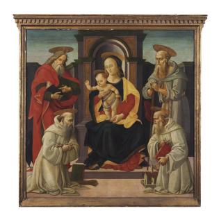 Bartolomeo di Giovanni - The Madonna and Child enthroned with Saints John the Evangelist and Jerome, and two Benedictine saints