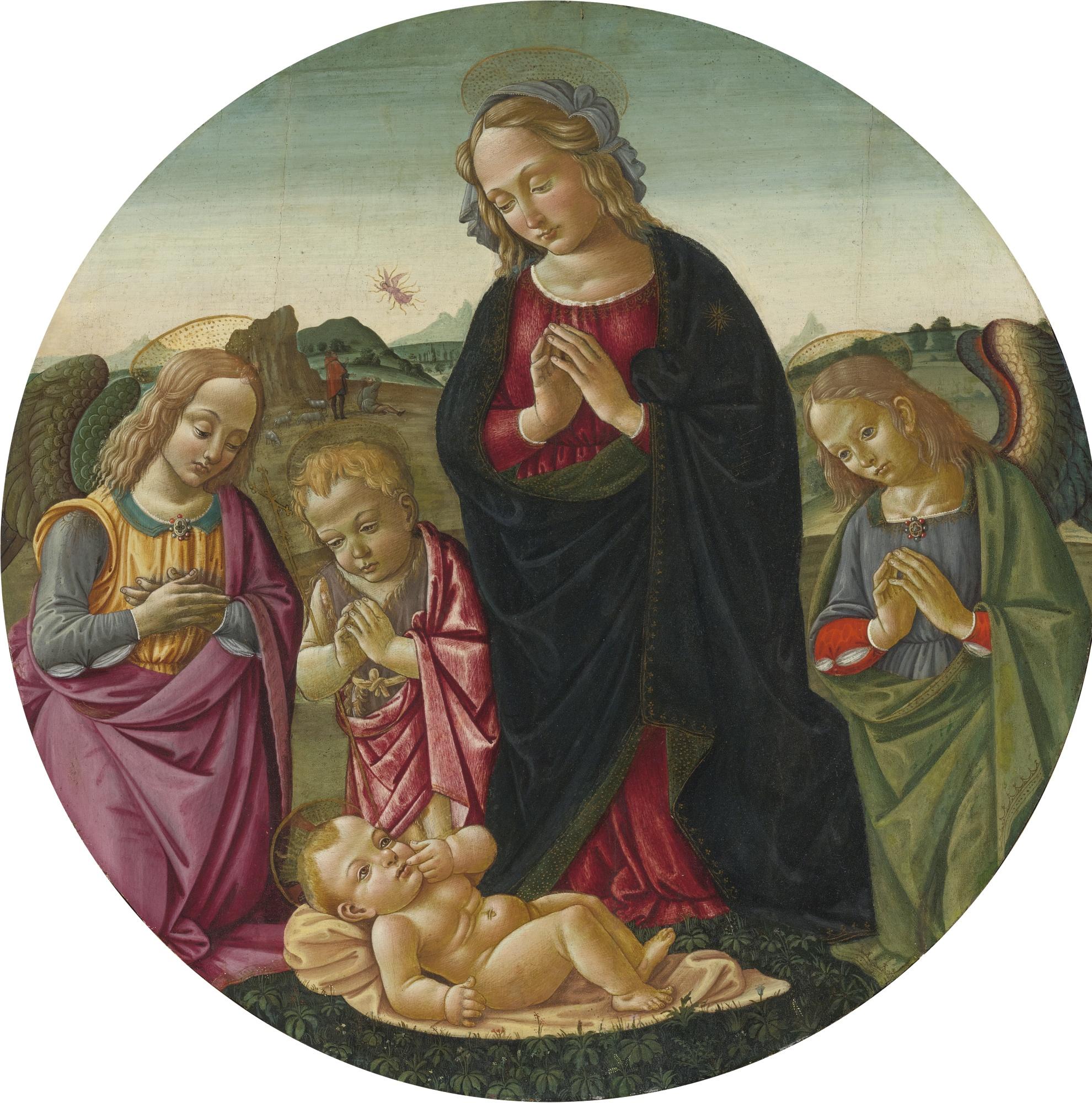 Bartolomeo Di Giovanni - The Madonna And Infant Saint John The Baptist Adoring The Christ Child With Two Angels, The Annunciation To The Shepherds Beyond