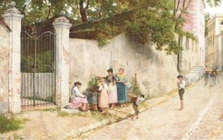 Bartolomeo Giuliano - A village street with figures at a well