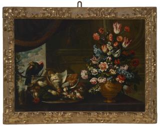 Bartolomeo Ligozzi - A Silver Charger With Fowl And A Terracotta Vase With Various Flowers On A Table, With A Parrot And A Curtain, A Landscape Beyond