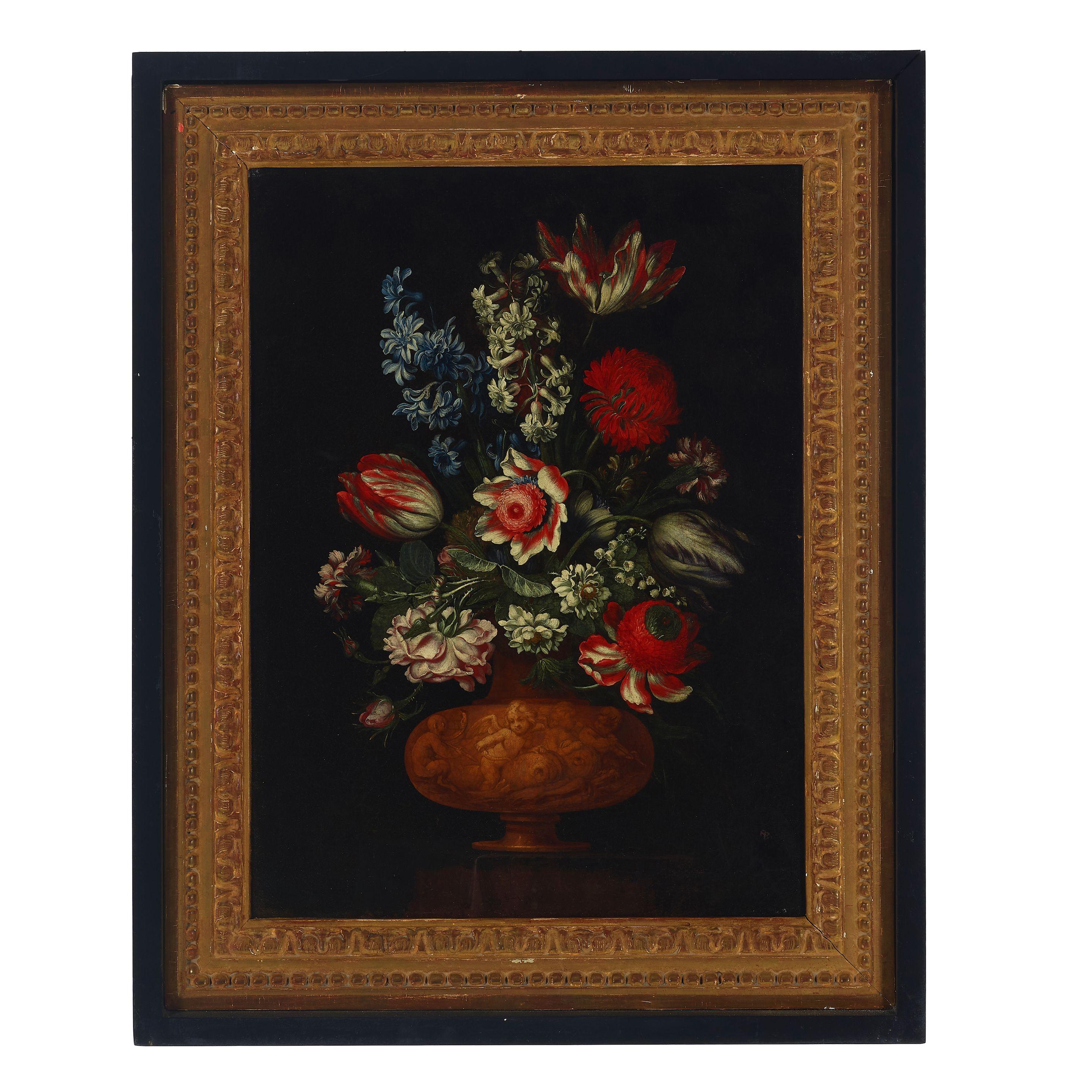 Bartolomeo Ligozzi - A still life of flowers in a decorated metal urn; and a companion painting (a pair)