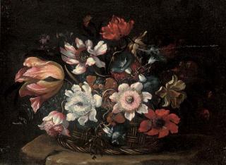 Bartolomeo Ligozzi - A tulip, morning glory, roses and other flowers in a wicker basket on a stone ledge