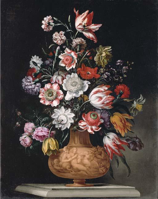 Bartolomeo Ligozzi - Tulips, roses and carnations and a narcissus in a sculped urn on a stone ledge