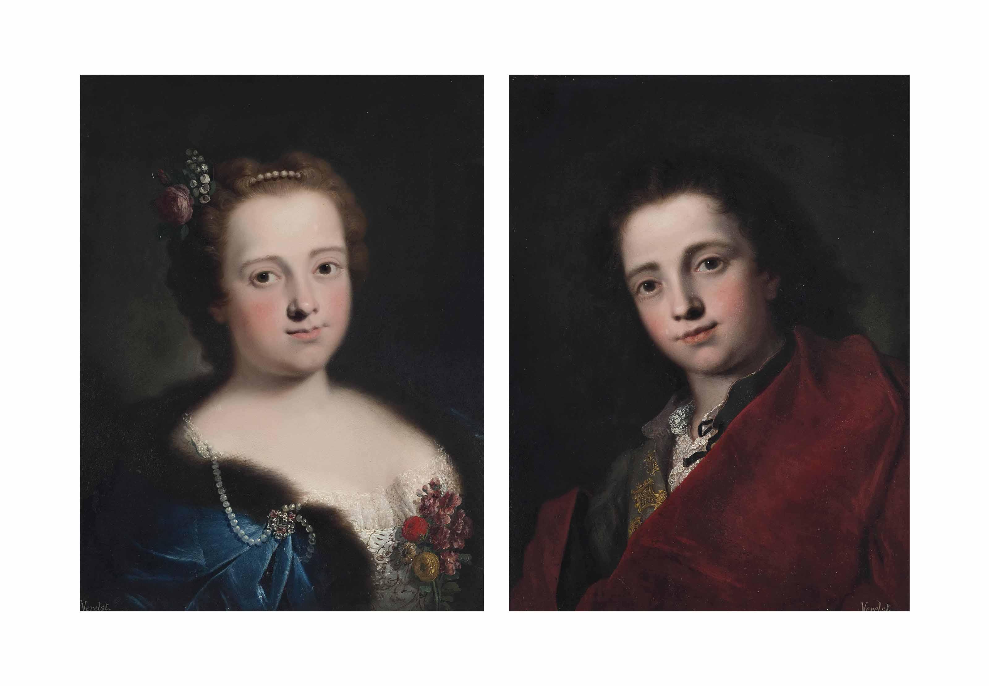Bartolomeo Nazari - Portrait of a lady, bust-length, in a white embroidered dress and blue, fur-lined cape; and Portrait of a gentleman, bust-length, in a grey doublet and red cloak