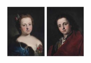 Bartolomeo Nazari - Portrait of a lady, bust-length, in a white embroidered dress and blue, fur-lined cape; and Portrait of a gentleman, bust-length, in a grey doublet and red cloak