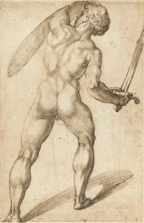 Bartolomeo Passarotti - A nude seen from behind holding a sword and a shield