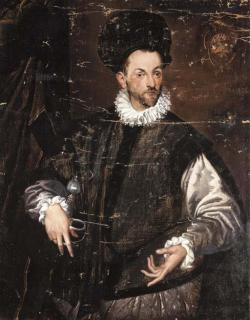 Bartolomeo Passarotti - Portrait of Constantius de Ballis, three-quarter-length, in a black doublet, his right hand resting on the pummel of his sword