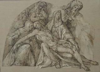 Bartolomeo Passarotti - The Deposition With Saints Bernardino of Siena  And Clare (?)