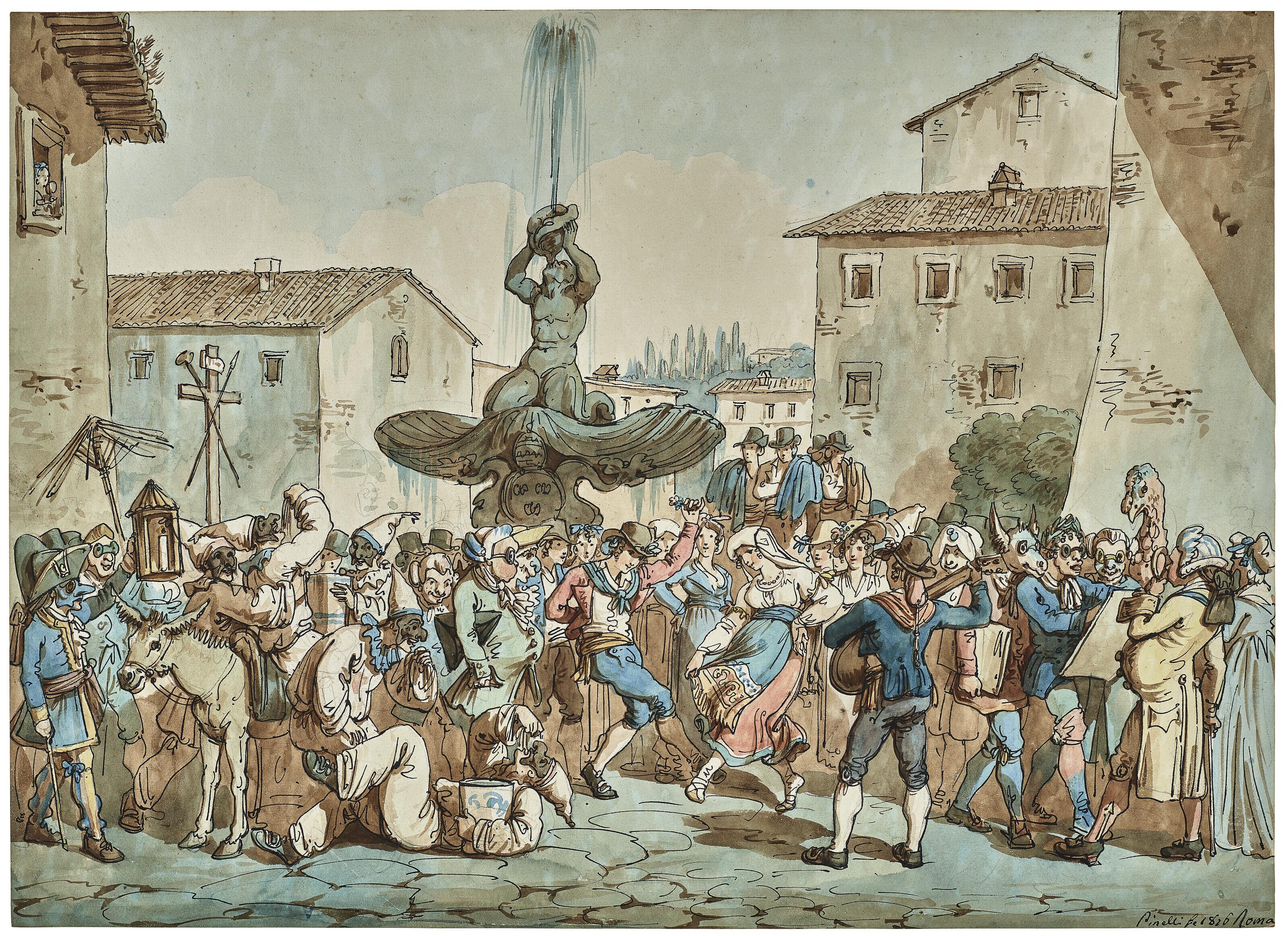 Bartolomeo Pinelli - A carnival scene in Rome around Gian Lorenzo Bernini’s Triton fountain, Piazza Barberini