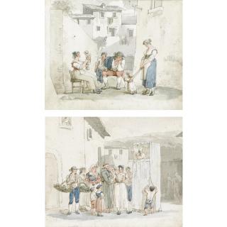 Bartolomeo Pinelli - A Group Of Seven Watercolours Of Roman Scenes: Peasants Worshipping At A Shrine; A Punch And Judy Show; A Family Playing With Children; Peasants On A Road; A Tavern Scene; Washerwomen; Musicians Serenading  