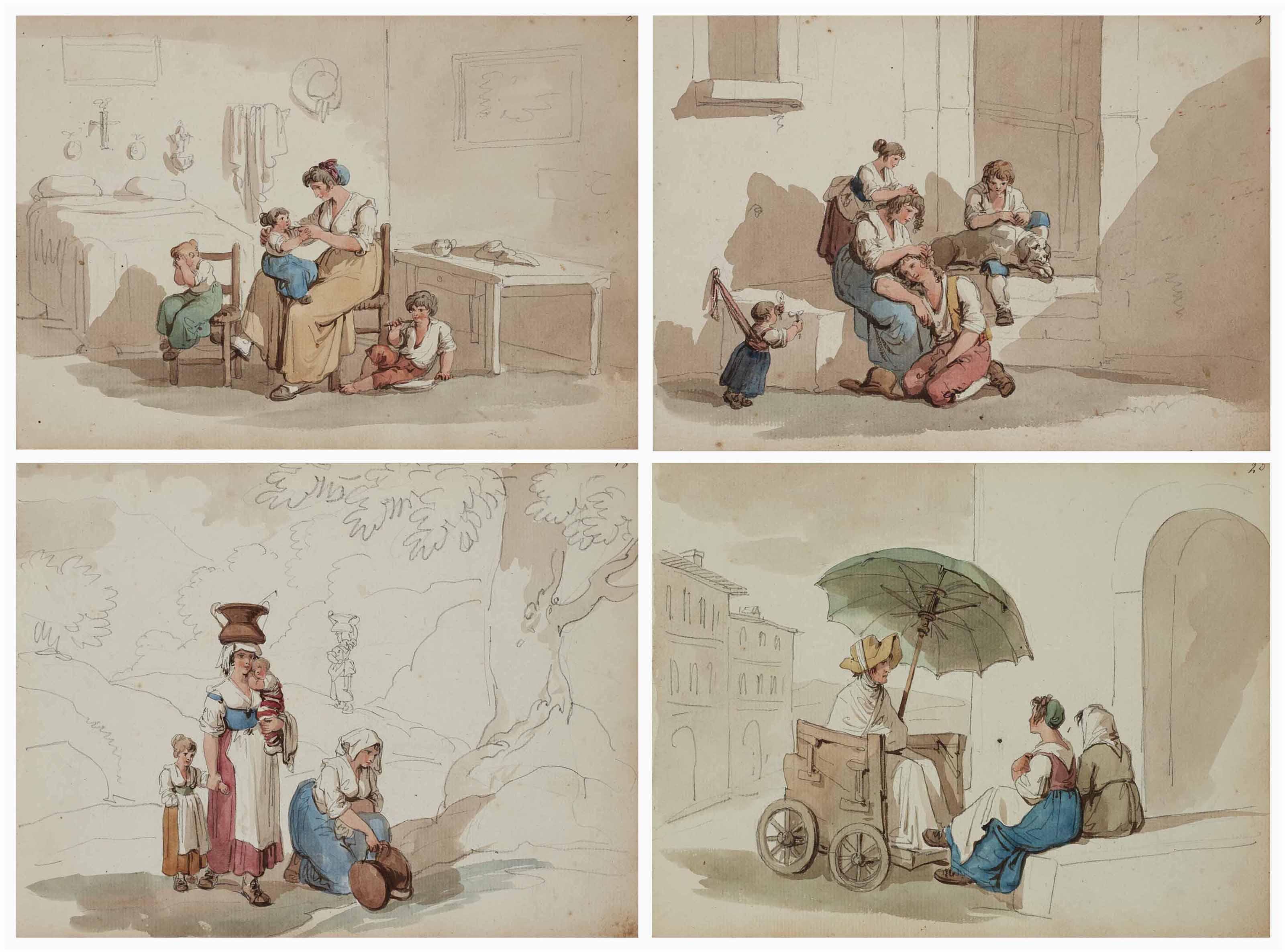 Bartolomeo Pinelli - Album relié de vingt-quatre études d\'italiens occupés aux travaux de la vie quotidienne: musiciens, lavandières, paysans, mères et enfants