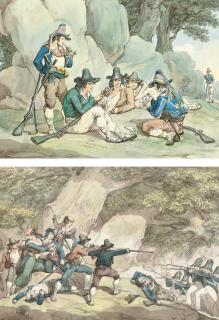 Bartolomeo Pinelli - Kingdom of Naples gendarmes fighting the Calabrians; and A game of cards