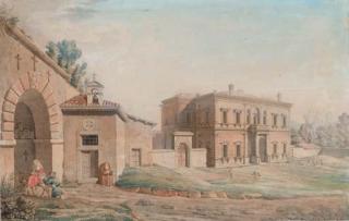 Bartolomeo Pinelli - L\'entrée d\'un monastère, un palais romain à l\'arrière-plan