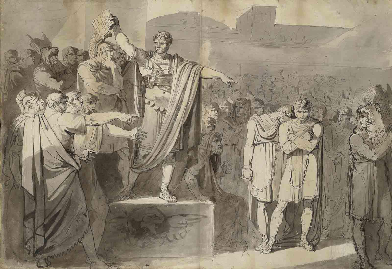 Bartolomeo Pinelli - Lucius Junius Brutus condemning to death his sons Titus and Tiberius (recto); A compositional study of the same subject (verso)