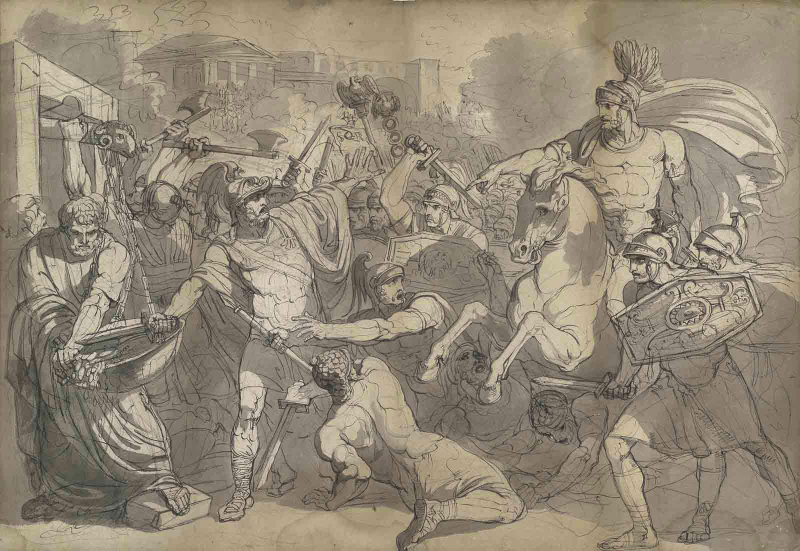 Bartolomeo Pinelli - Marcus Furius Camillus liberating Rome from the Gauls (recto); A compositional study of the same subject (verso)