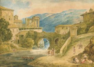Bartolomeo Pinelli - Tivoli with the Temple of Vesta, figures in the foreground