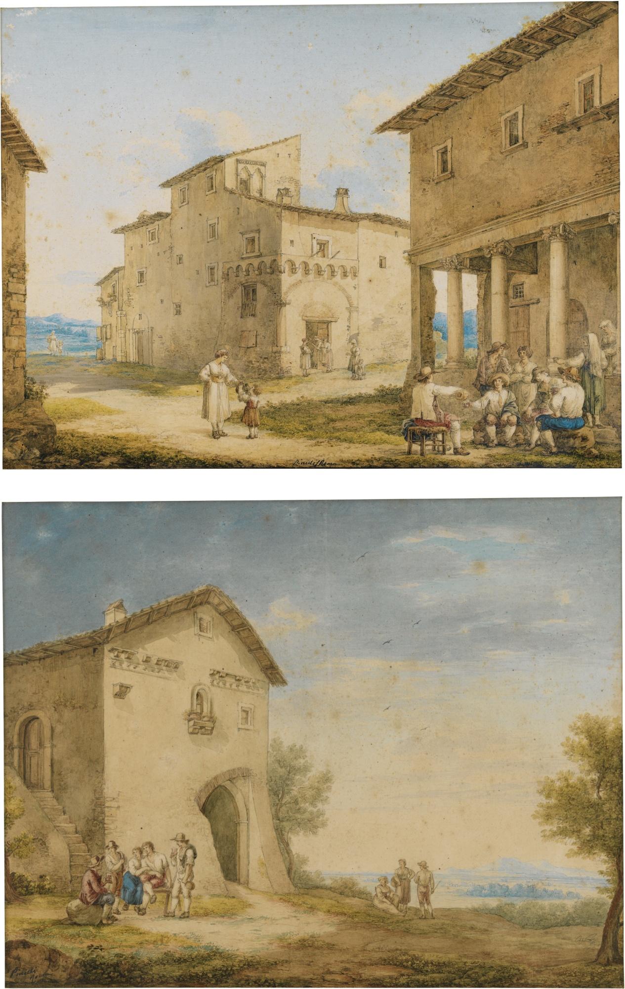Bartolomeo Pinelli - Two Views Of Tivoli:  A) A Gothic House And Figures Outside An Osteria; B) Figures Resting And Drinking Outside A House