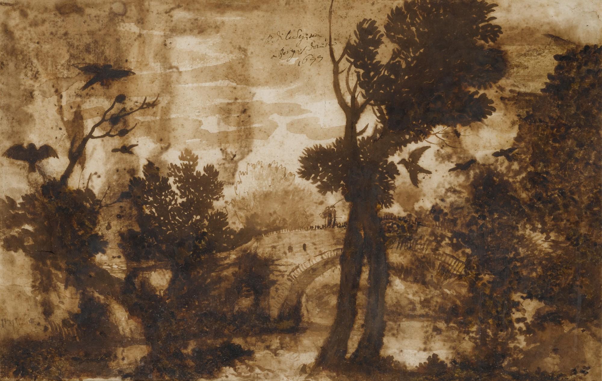 Bartolomeo Torregiani - Recto: Two groups of farmers, one standing, the other working Verso: Landscape with two large trees in the foreground and a bridge in the middleground