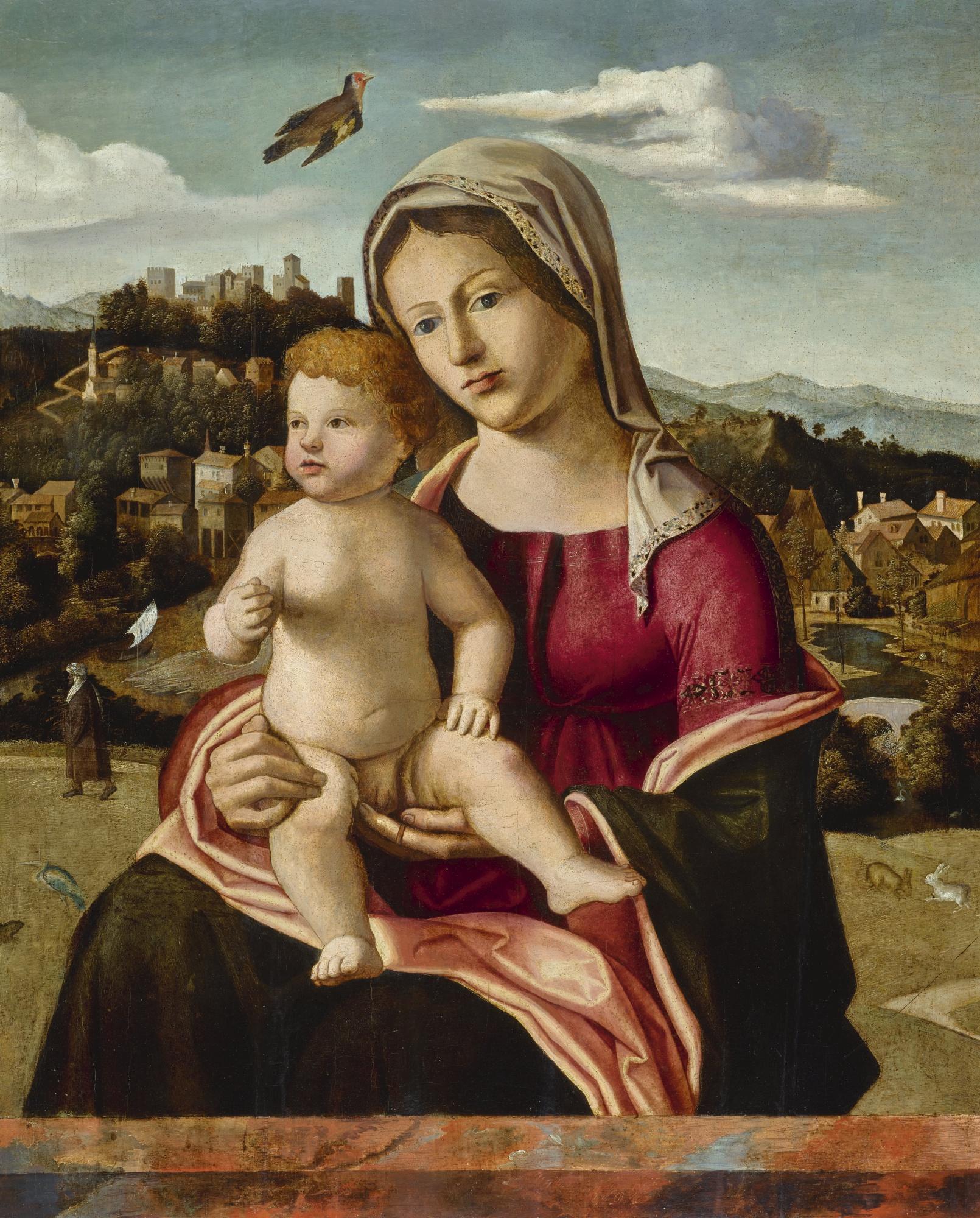 Bartolomeo Veneto - Madonna And Child In An Extensive Landscape With A Hill Town, A Goldfinch Flying Above