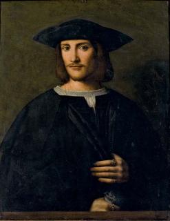 Bartolomeo Veneto - Ritratto di gentiluomo in abito scuro con cappello nero e camicia bianca e anello con stemma nobiliare, a mezzo busto