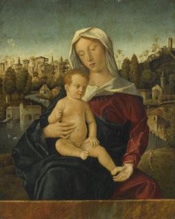 Bartolomeo Veneto - The Madonna And Child, Seated Behind A Ledge, A River Landscape And A Town Beyond