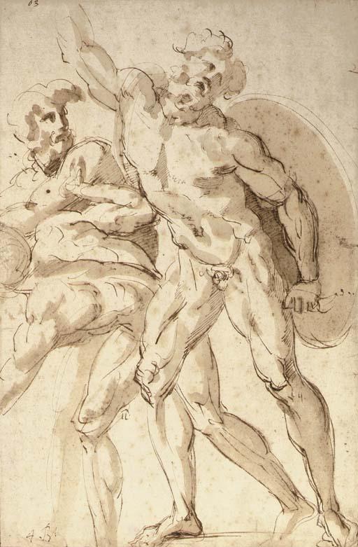 Bartolommeo Bandinelli - A nude warrior with a shield reaching up to the left, two crouching nudes to the left